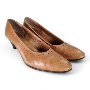 Vintage Pappagallo Brown Leather Brogue Pumps 9N Kitten Heel Retro Shoes Italy